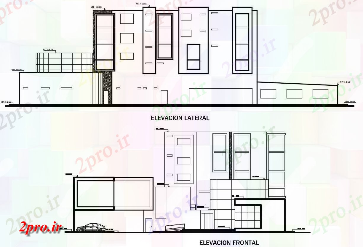 دانلود نقشه نما و برش ساختمان مسکونی  ، ویلایی ، آپارتمان   (کد37573)