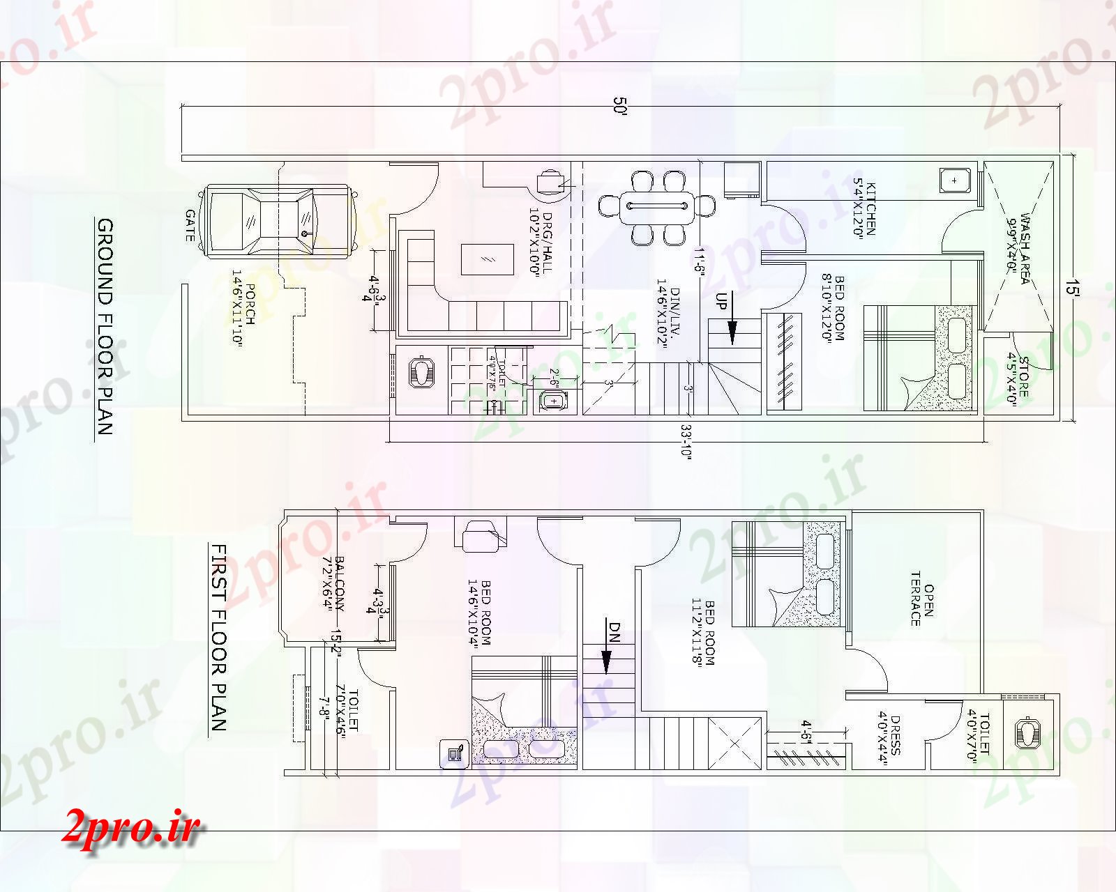 دانلود نقشه خودکار نقشه کشی برای طرح خانه (15'X50 ')  (کد37583)