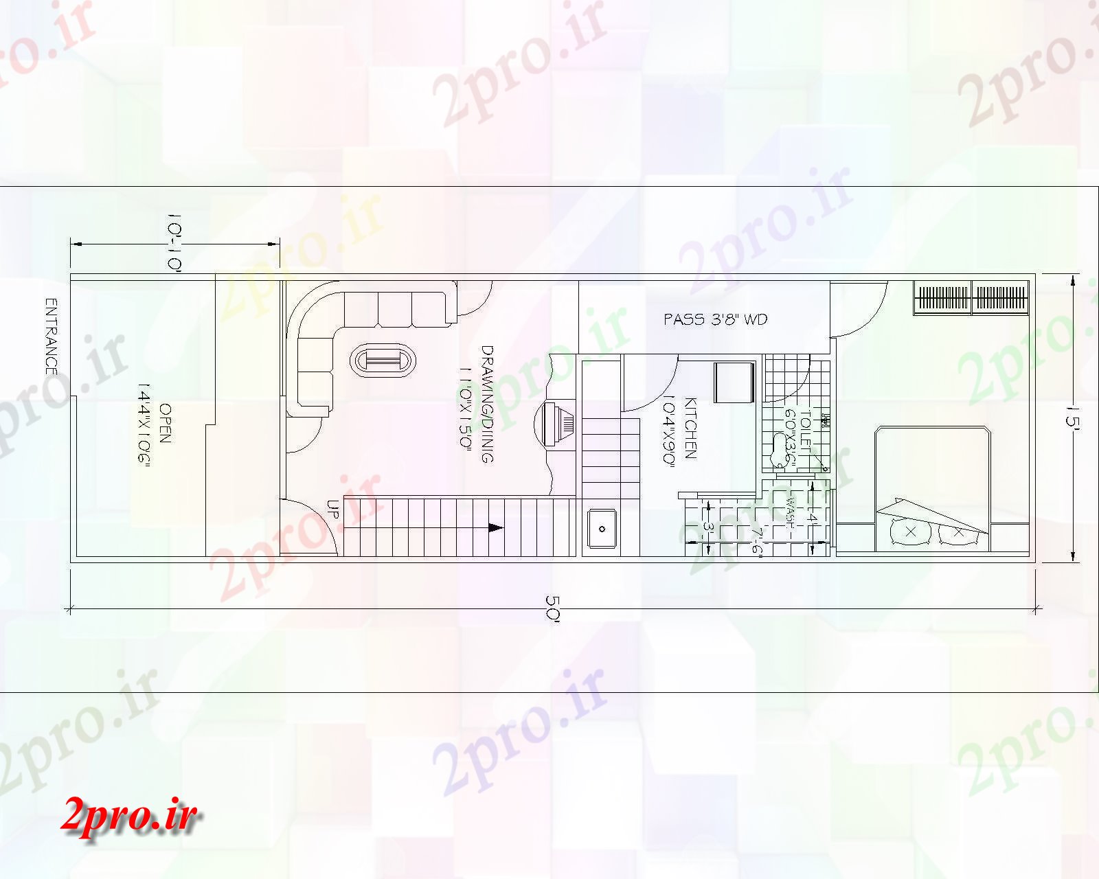 دانلود نقشه خودکار نقشه کشی برای طرح خانه (15'X50 ') 3ND  (کد37587)