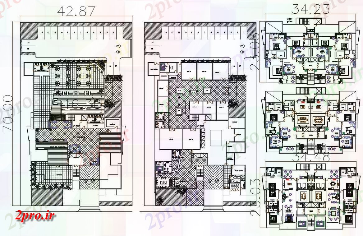 دانلود نقشه ساختمان مسکونی  ، ویلایی ، آپارتمان 42×70 متر (کد37696)