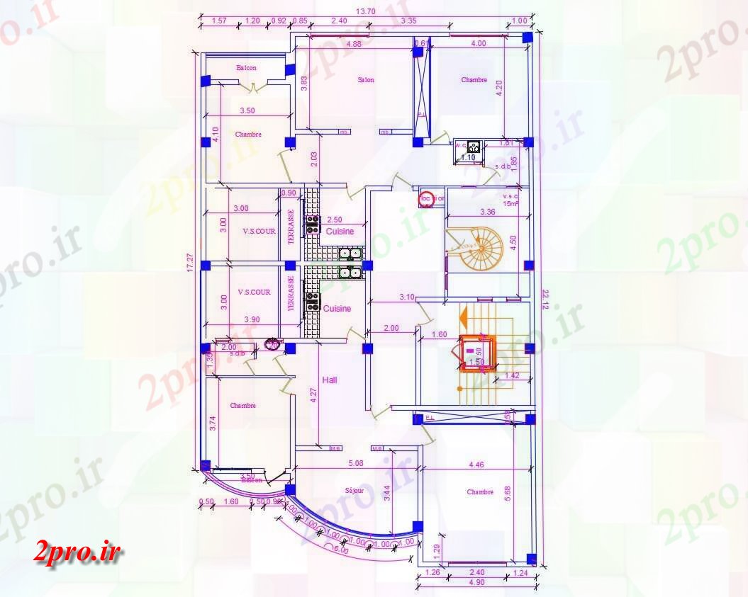 دانلود نقشه ساختمان مسکونی  ، ویلایی ، آپارتمان 13×22 متر (کد37728)