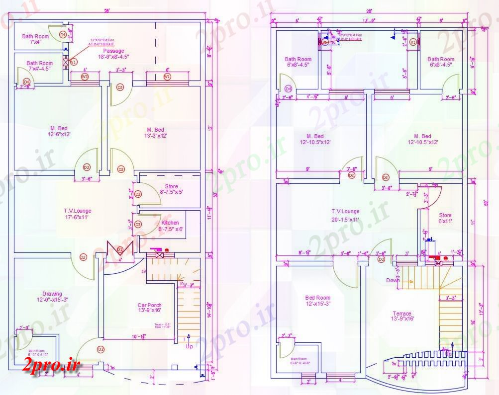 دانلود نقشه ساختمان مسکونی  ، ویلایی ، آپارتمان 33×60 متر (کد37730)