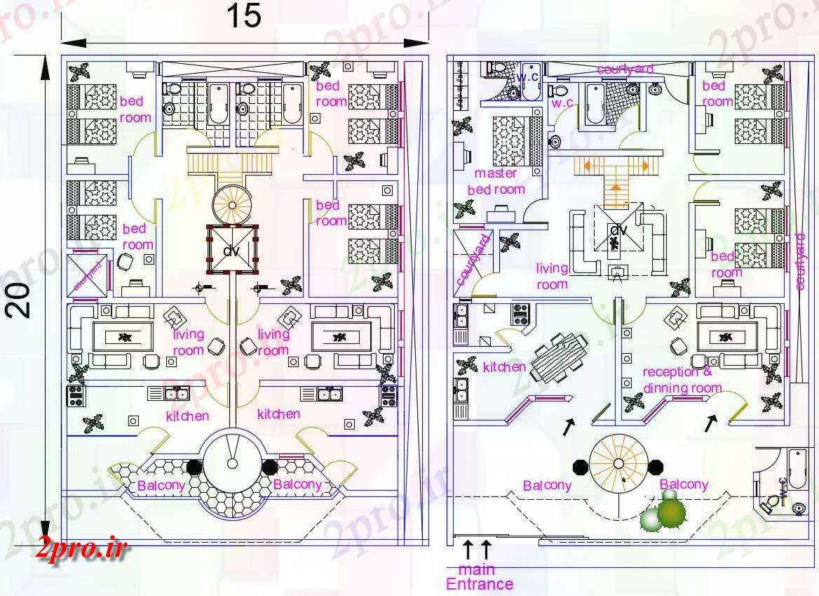 دانلود نقشه ساختمان مسکونی  ، ویلایی ، آپارتمان 15×20 متر (کد37852)