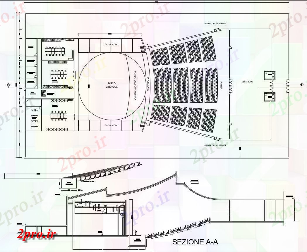دانلود نقشه تئاتر چند منظوره - سینما - سالن کنفرانس - سالن همایش 53×97 متر 34 در 90 متر (کد38269)