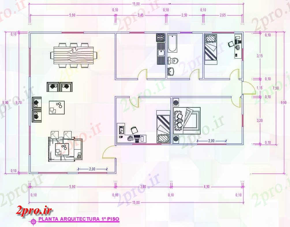 دانلود نقشه مسکونی ، ویلایی ، آپارتمان 10×15 متر 10 در 15 متر (کد38271)