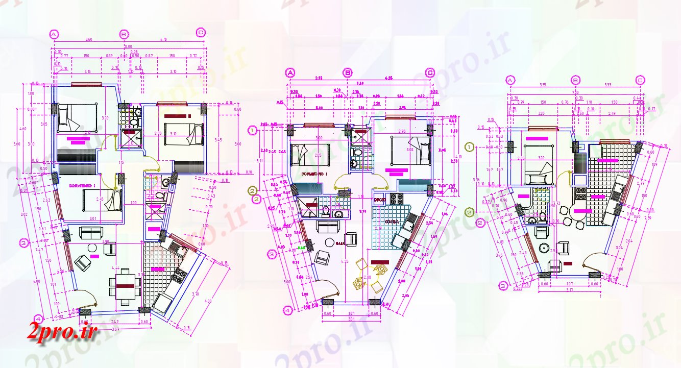 دانلود نقشه مسکونی ، ویلایی ، آپارتمان 7×8 متر 8 در 12 متر (کد38446)