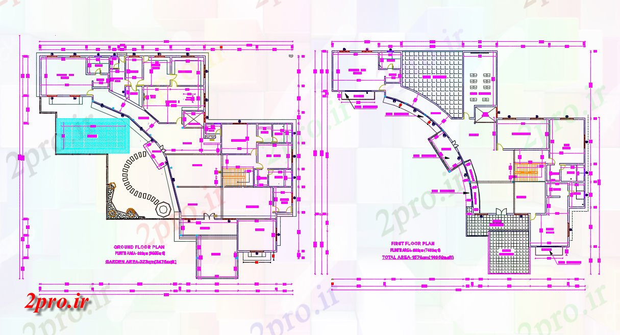 دانلود نقشه طرح طبقه همکف و اول طرح طبقه 45 در 47 متر (کد38453)