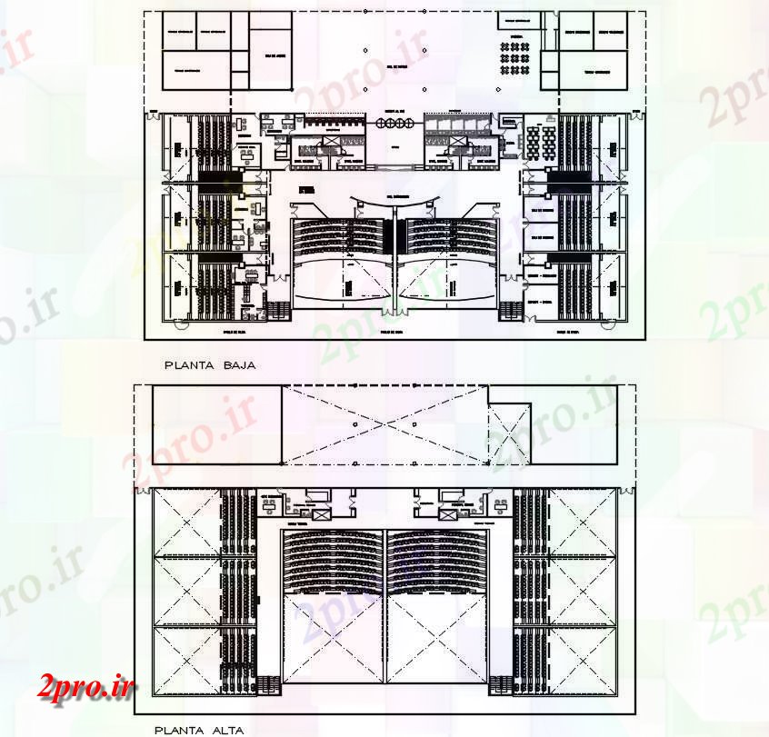 دانلود نقشه تئاتر چند منظوره - سینما - سالن کنفرانس - سالن همایش 39×86 متر 36 در 80 متر (کد38509)