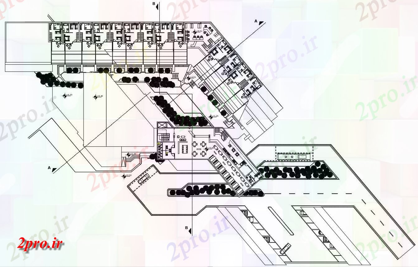 دانلود نقشه هتل - رستوران - اقامتگاه 61×83 متر 39 در 57 متر (کد38541)