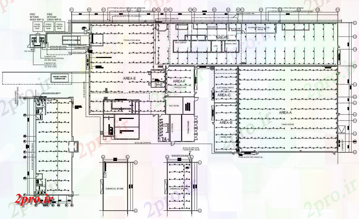 دانلود نقشه جزئیات طراحی تسویه خانه 53×125 متر (کد38664)