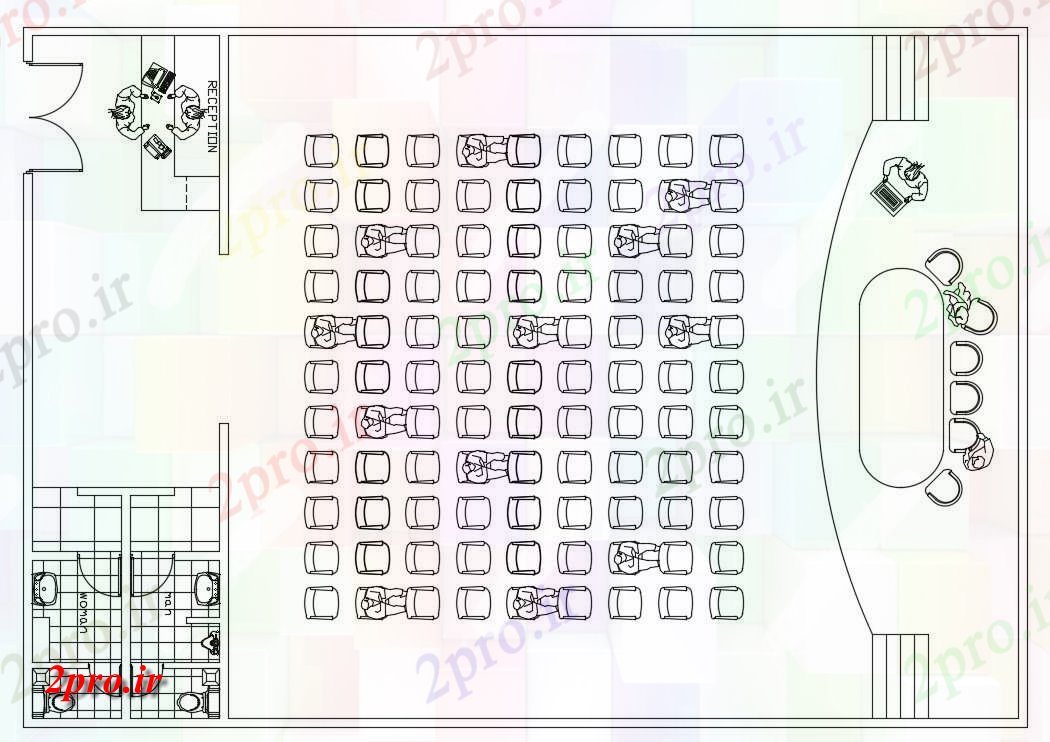 دانلود نقشه تئاتر چند منظوره - سینما - سالن کنفرانس - سالن همایش 12×17 متر (کد38694)
