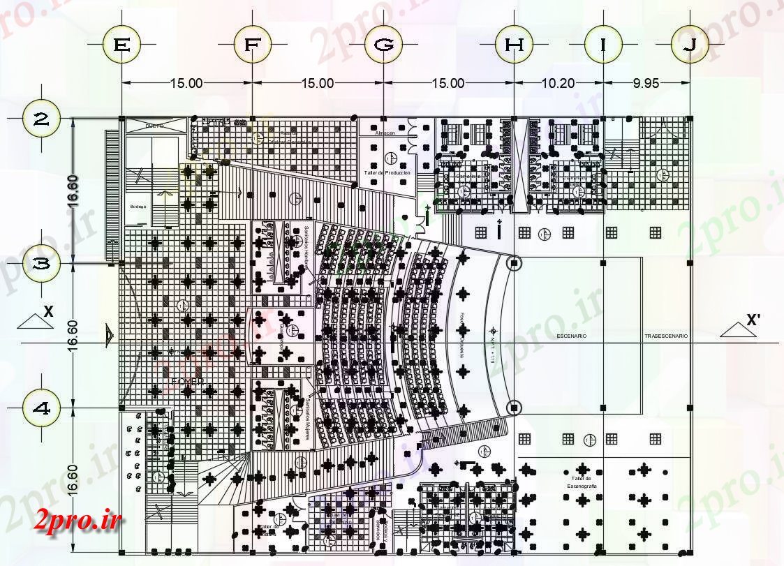 دانلود نقشه تئاتر چند منظوره - سینما - سالن کنفرانس - سالن همایش 50×64 متر (کد38913)