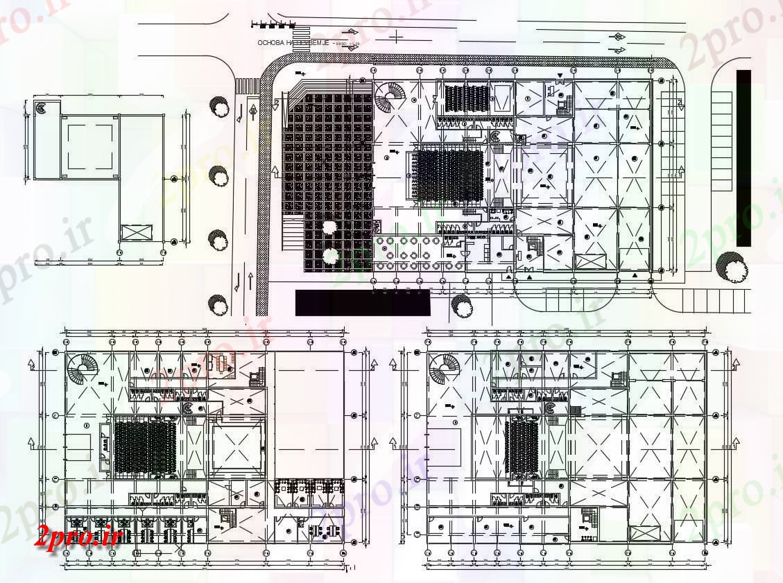 دانلود نقشه تئاتر چند منظوره - سینما - سالن کنفرانس - سالن همایش 43×62 متر (کد38949)