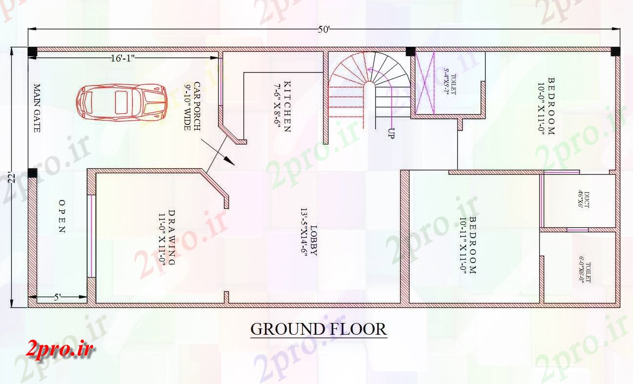 دانلود نقشه خانه طبقه همکف 22'X50 سایز  (کد39406)