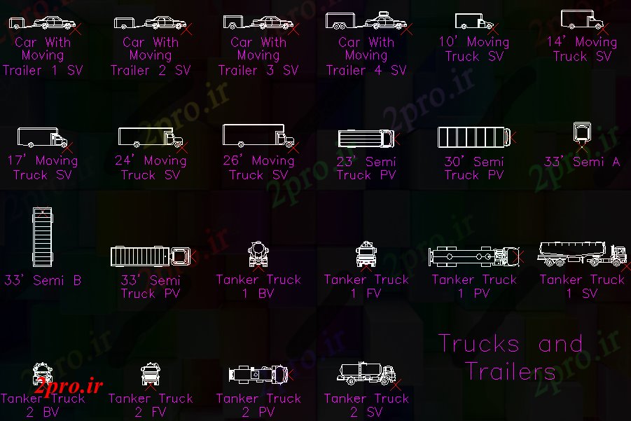 دانلود نقشه بلوک وسایل نقلیه کامیون و تریلر (کد40146)