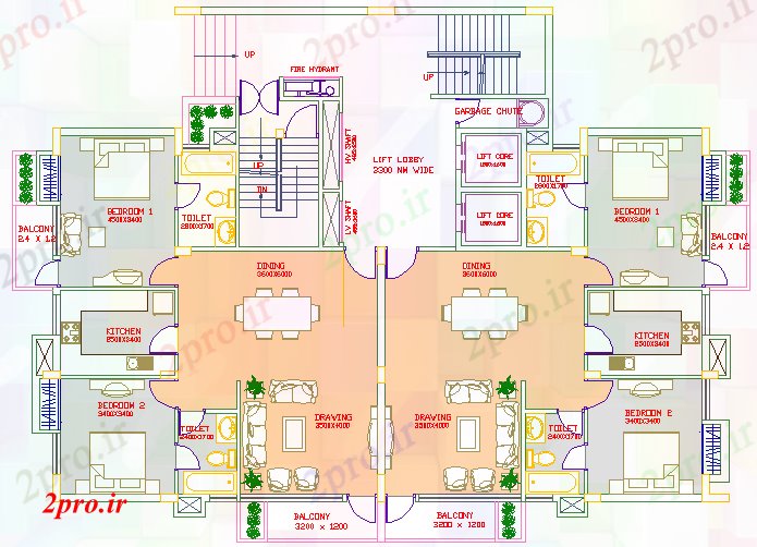 دانلود نقشه مسکونی  ، ویلایی ، آپارتمان  طرحی 2 طرحی بندی BHK (کد40205)