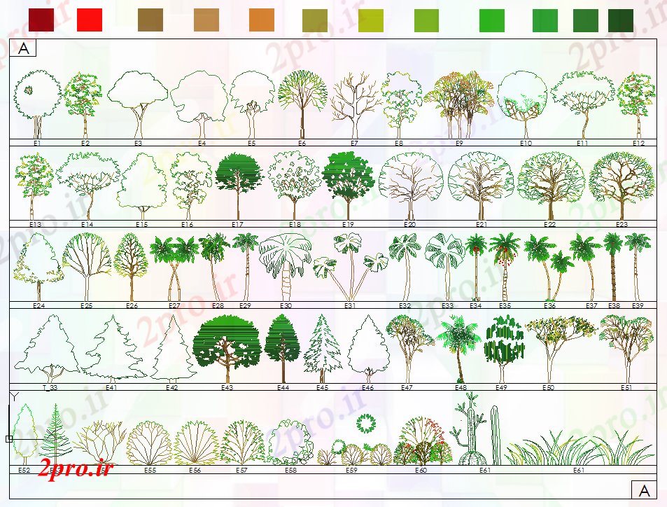 دانلود نقشه باغ نوع های مختلف از بلوک های درخت (کد40296)