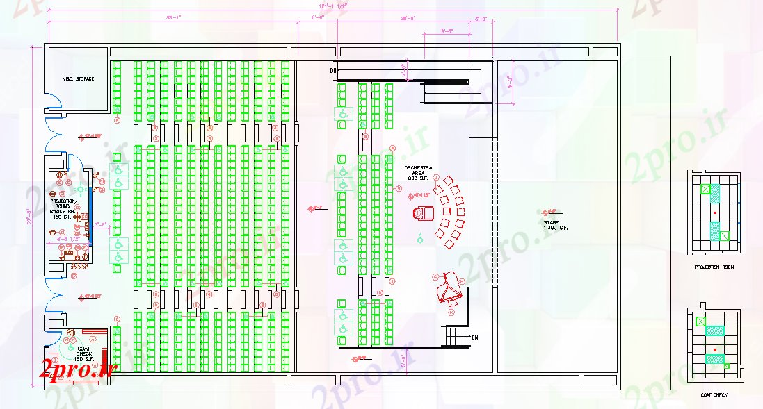 دانلود نقشه تئاتر چند منظوره - سینما - سالن کنفرانس - سالن همایشمولتی پلکس دراز کردن (کد40800)