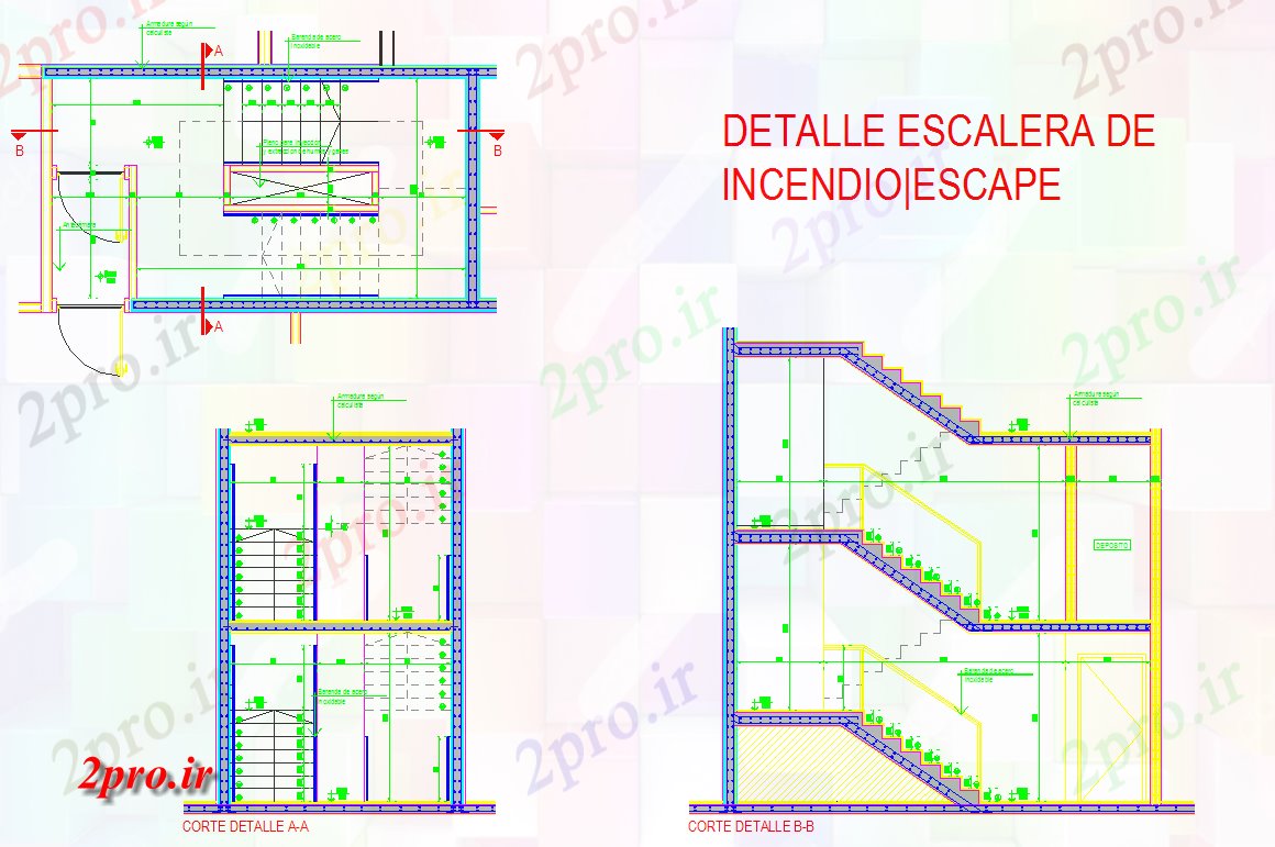 دانلود نقشه جزئیات ساختار پله طرحی طبقه و بخش  جزئیات (کد42388)