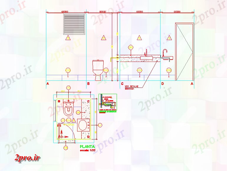 دانلود نقشه بلوک حمام و توالتطرحی های طبقه بلوک توالت و طراحی نمای (کد42450)