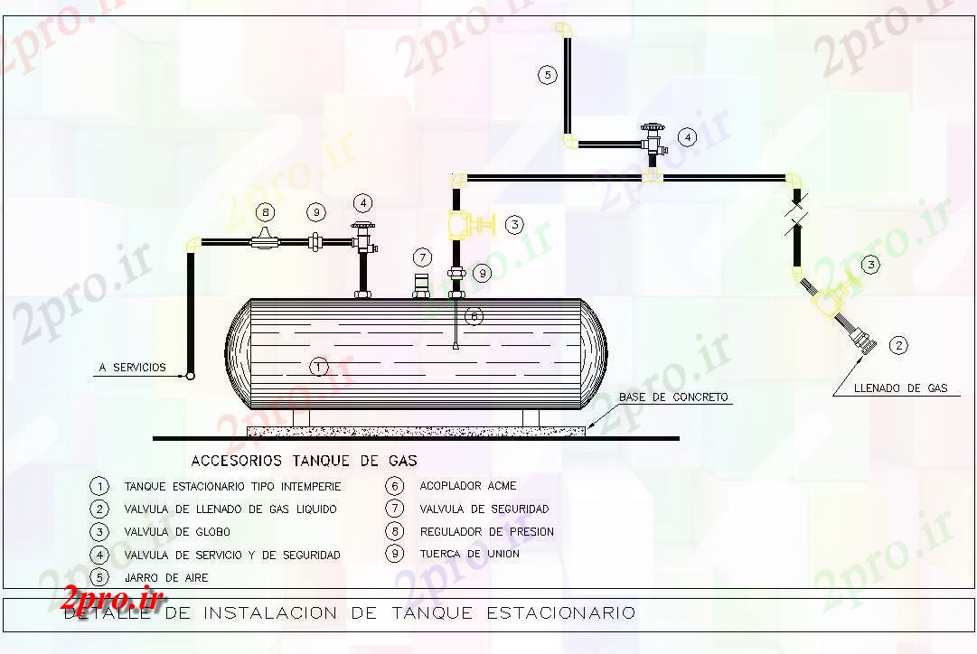 دانلود نقشه ماشین الات کارخانه جزئیات مخزن گاز در  اتوکد (کد42468)