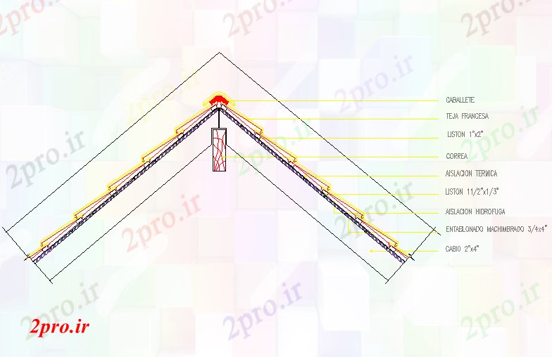 دانلود نقشه جزئیات ساخت و ساز جزئیات خط الراس در سقف چوبی و کاشی (کد42933)