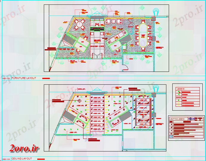 دانلود نقشه ساختمان اداری - تجاری - صنعتی مبلمان مرکز کسب و کار و طرحی سقف (کد42992)