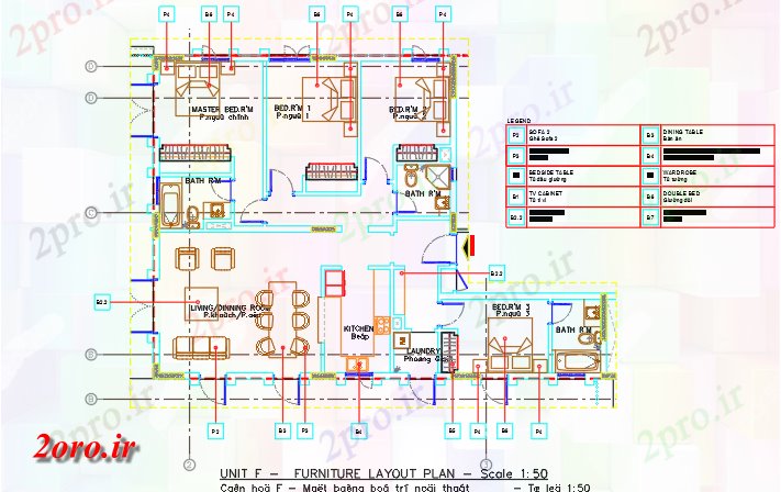 دانلود نقشه داخلی خانه طرحی مبلمان واحد F (کد42997)