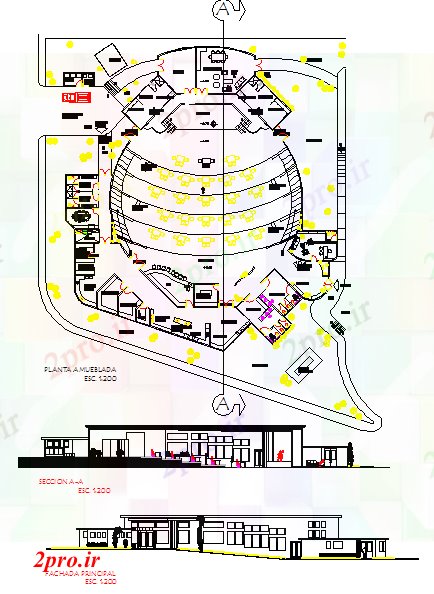 دانلود نقشه تئاتر چند منظوره - سینما - سالن کنفرانس - سالن همایشپروژه سالن (کد43193)