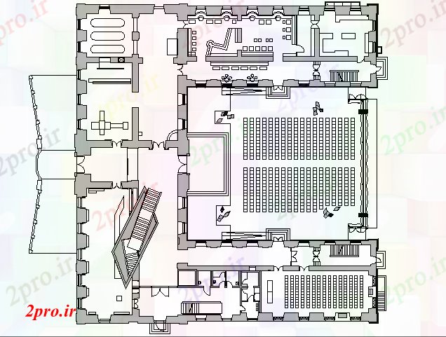 دانلود نقشه تئاتر چند منظوره - سینما - سالن کنفرانس - سالن همایشسالن سالن طرح (کد43539)