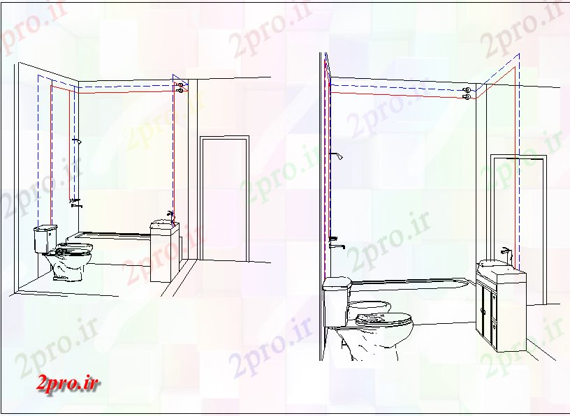 دانلود نقشه سرویس بهداشتی - دستشویی حمام توالت نمای ایزومتریک جزئیات (کد43971)