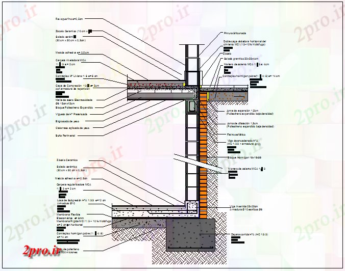 دانلود نقشه جزئیات ساخت و ساز  بخش از دیوار سازه جزئیات (کد44005)