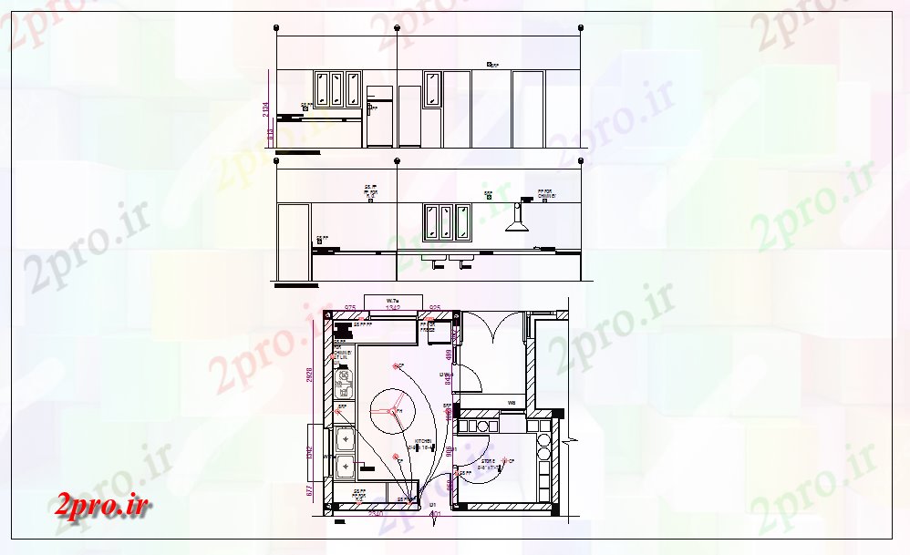 دانلود نقشه آشپزخانه مسکونی طرحی آشپزخانه با مبلمان و جزئیات نما (کد44037)