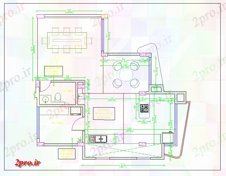 دانلود نقشه مسکونی  ، ویلایی ، آپارتمان  مسکونی طرحی آشپزخانه و مبلمان با جزئیات ابعاد (کد44042)