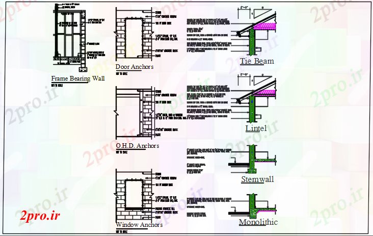 دانلود نقشه جزئیات ساخت و ساز بخش جزئیات در پرتو کراوات، سنگ سردر، دیوار بخار، یکپارچه، و نما جزئیات لنگر درب، لنگر OHD، پنجره لنگر، فریم جزئیات بلبرینگ (کد44257)