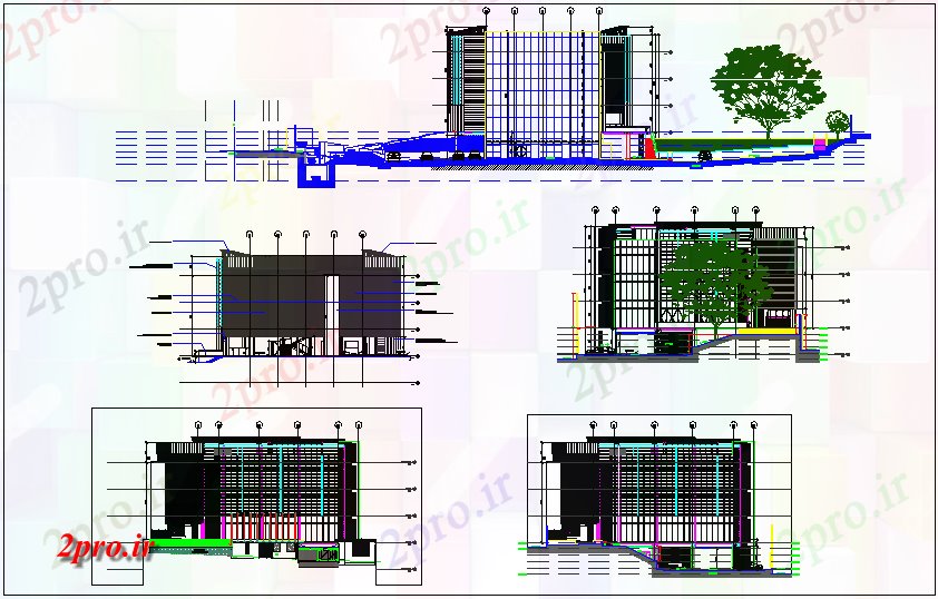 دانلود نقشه ساختمان اداری - تجاری - صنعتی ساختمان اداری نما و بخش    (کد44325)
