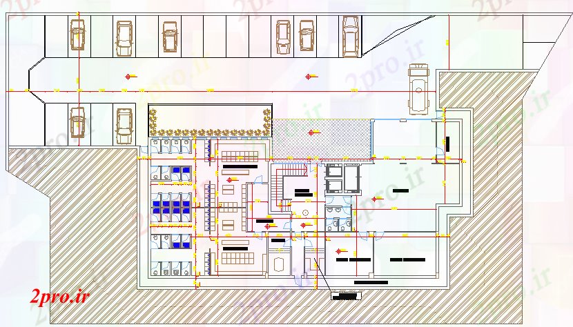 دانلود نقشه ساختمان اداری - تجاری - صنعتی پارکینگ اتومبیل با طراحی از دفتر (کد44407)