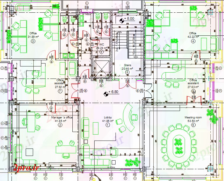 دانلود نقشه ساختمان اداری - تجاری - صنعتی منطقه صندلی های مختلف در دفتر (کد44486)