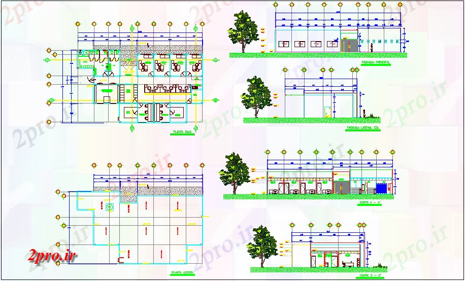 دانلود نقشه ساختمان اداری - تجاری - صنعتی دفتر طرحی ساختمان، نما و بخش    (کد44625)