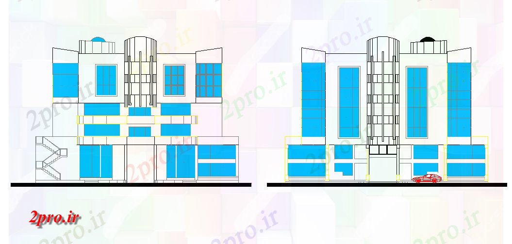 دانلود نقشه ساختمان اداری - تجاری - صنعتی شیشه ای با شرح پیچیده نما جلو (کد45275)