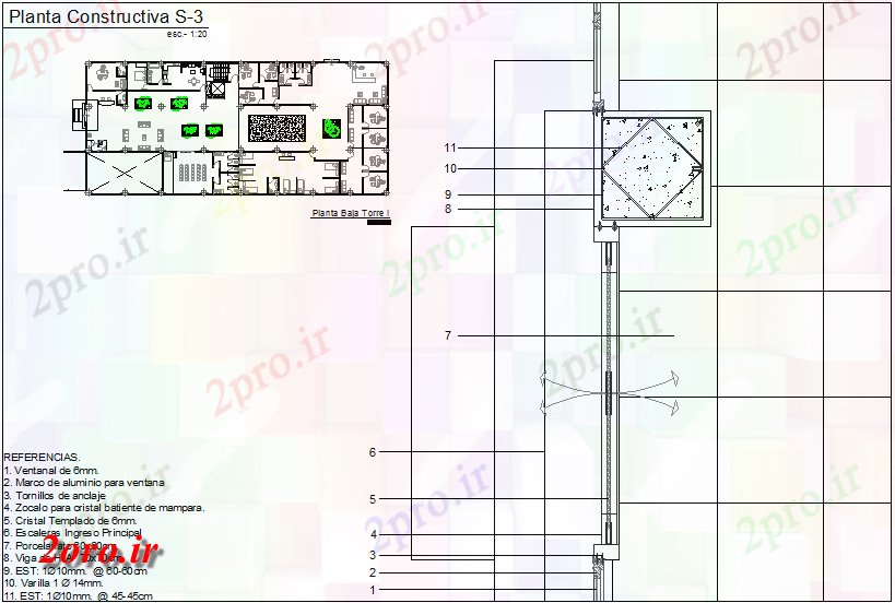 دانلود نقشه جزئیات ساخت و ساز  مقطعی طبقه همکف برج II با جزئیات ساخت و ساز (کد45365)