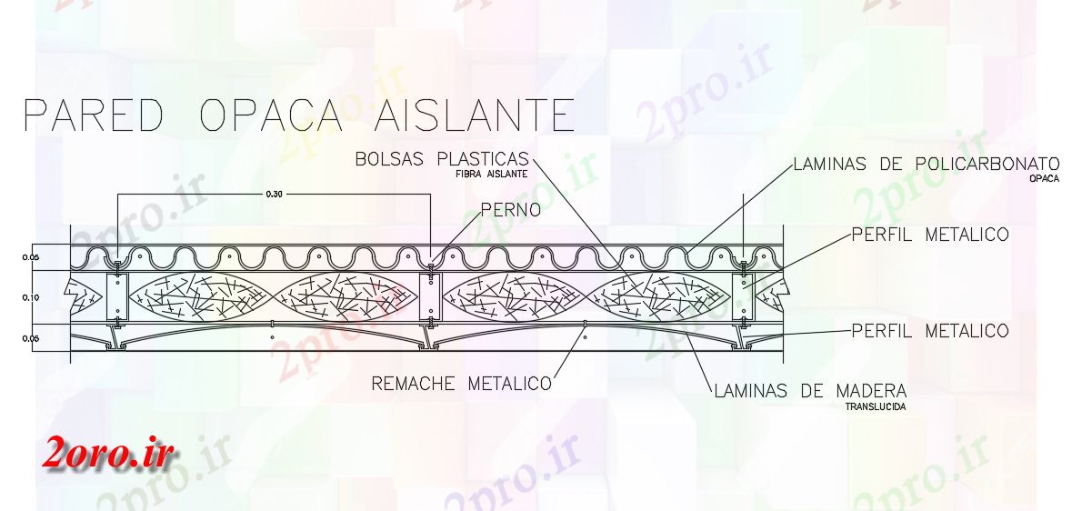 دانلود نقشه جزئیات ساختار دیوار از پلی کربنات و آلومینیوم (کد45391)