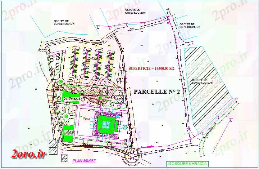 دانلود نقشه جزئیات معماری طرحی توده با  محل مسجد (کد45502)