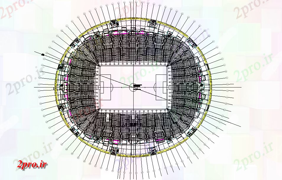 دانلود نقشه معماری معروف بالا پلان طرحی از ورزشگاه (کد45507)