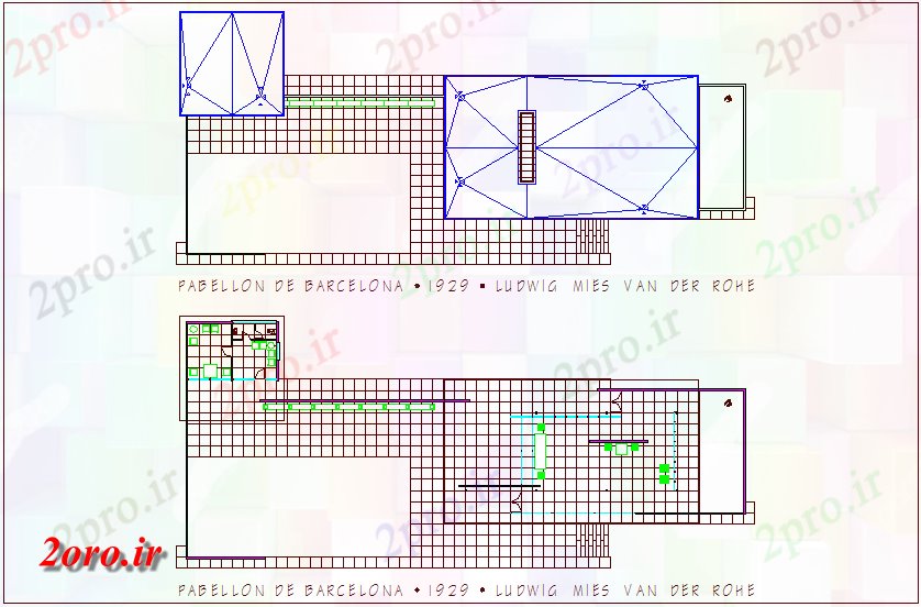 دانلود نقشه جزئیات معماری غرفه از طرحی طبقه بارسلونا با نمای معماری (کد45608)