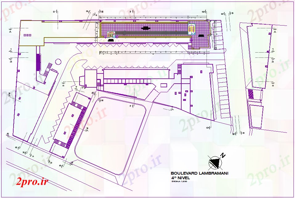 دانلود نقشه ساختمان اداری - تجاری - صنعتی ساختمان تجاری طرحی طبقه چهارم با منظره های معماری (کد45679)