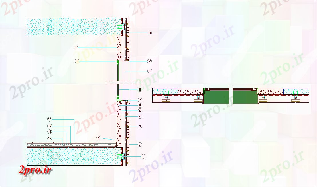 دانلود نقشه جزئیات ساخت و ساز  بخش میله نگهدارنده با نمای ساخت و ساز (کد45682)