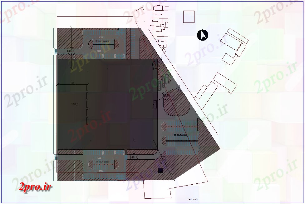 دانلود نقشه جزئیات معماری طرحی چیدمان با  معماری ورزشگاه (کد45685)