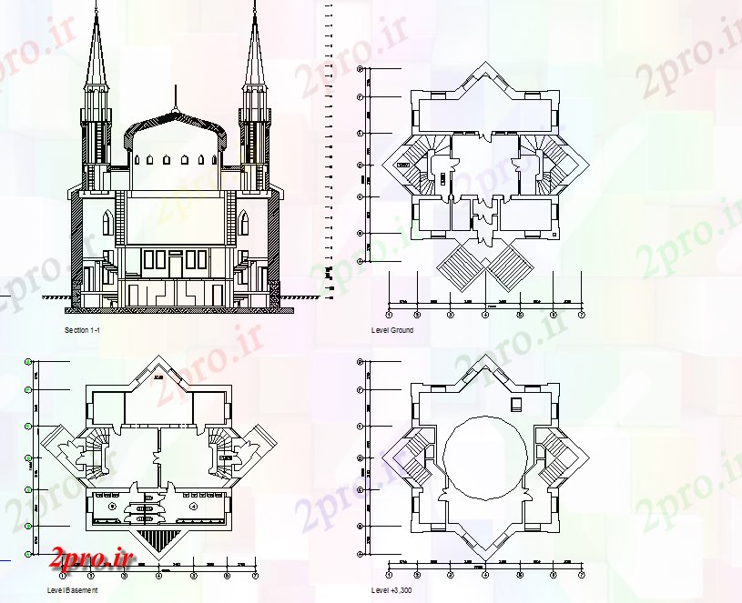 دانلود نقشه کلیسا - معبد - مکان مذهبی مسجد نما جزئیات (کد45703)