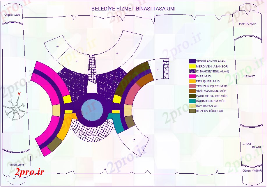 دانلود نقشه  ساختمان دولتی ، سازمانی طرحی توزیع طبقه چهارم از ساختمان شهرداری با کد رنگ (کد45949)